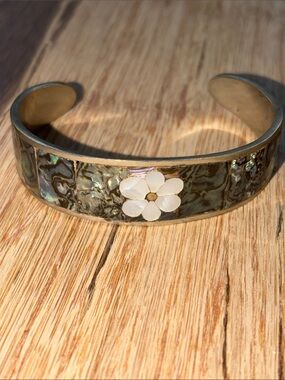 Abalone Inlay Cuff Bracelet with Mother-of-Pearl Flower